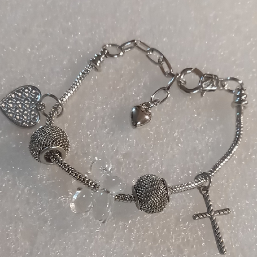 Cross & Heart Silver & Glass Beaded Charm Bracelet